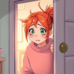 An illustration of a scared red-haired teenage girl peeking through a door, showcasing a blend of American anime style
