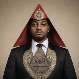 A member of the Illuminati, exuding pride and confidence, prominent Illuminati symbols like the pyramid and the all-seeing eye subtly incorporated in their attire.