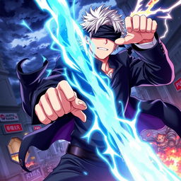 A dynamic poster featuring Gojo Satoru from Jujutsu Kaisen, depicted in his iconic blindfolded appearance