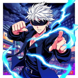 A dynamic poster featuring Gojo Satoru from Jujutsu Kaisen, depicted in his iconic blindfolded appearance