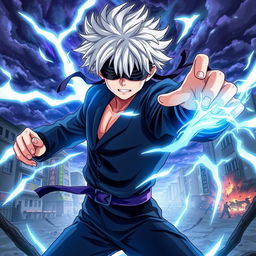 A dynamic poster featuring Gojo Satoru from Jujutsu Kaisen, depicted in his iconic blindfolded appearance