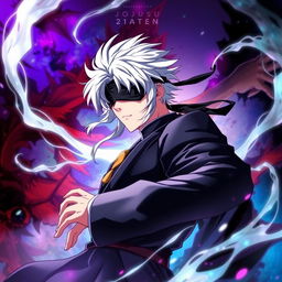 A vibrant and dynamic poster featuring Gojo Satoru from Jujutsu Kaisen, showcasing his signature white hair and stylish blindfold