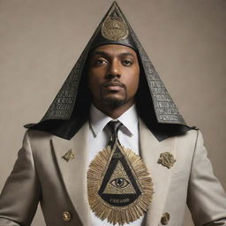 A member of the Illuminati, exuding pride and confidence, prominent Illuminati symbols like the pyramid and the all-seeing eye subtly incorporated in their attire.