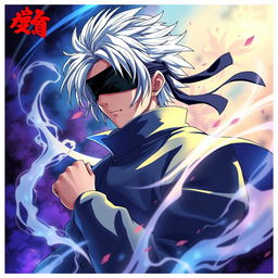 A vibrant and dynamic poster featuring Gojo Satoru from Jujutsu Kaisen, showcasing his signature white hair and stylish blindfold