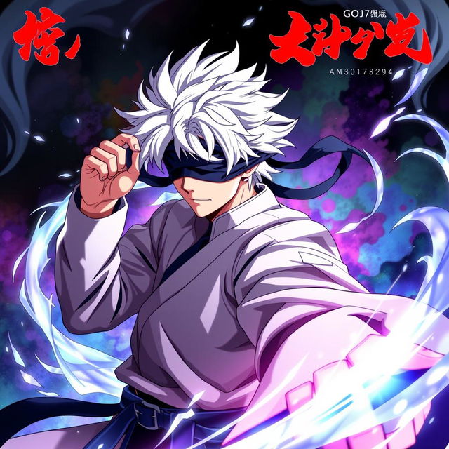 A vibrant and dynamic poster featuring Gojo Satoru from Jujutsu Kaisen, showcasing his signature white hair and stylish blindfold