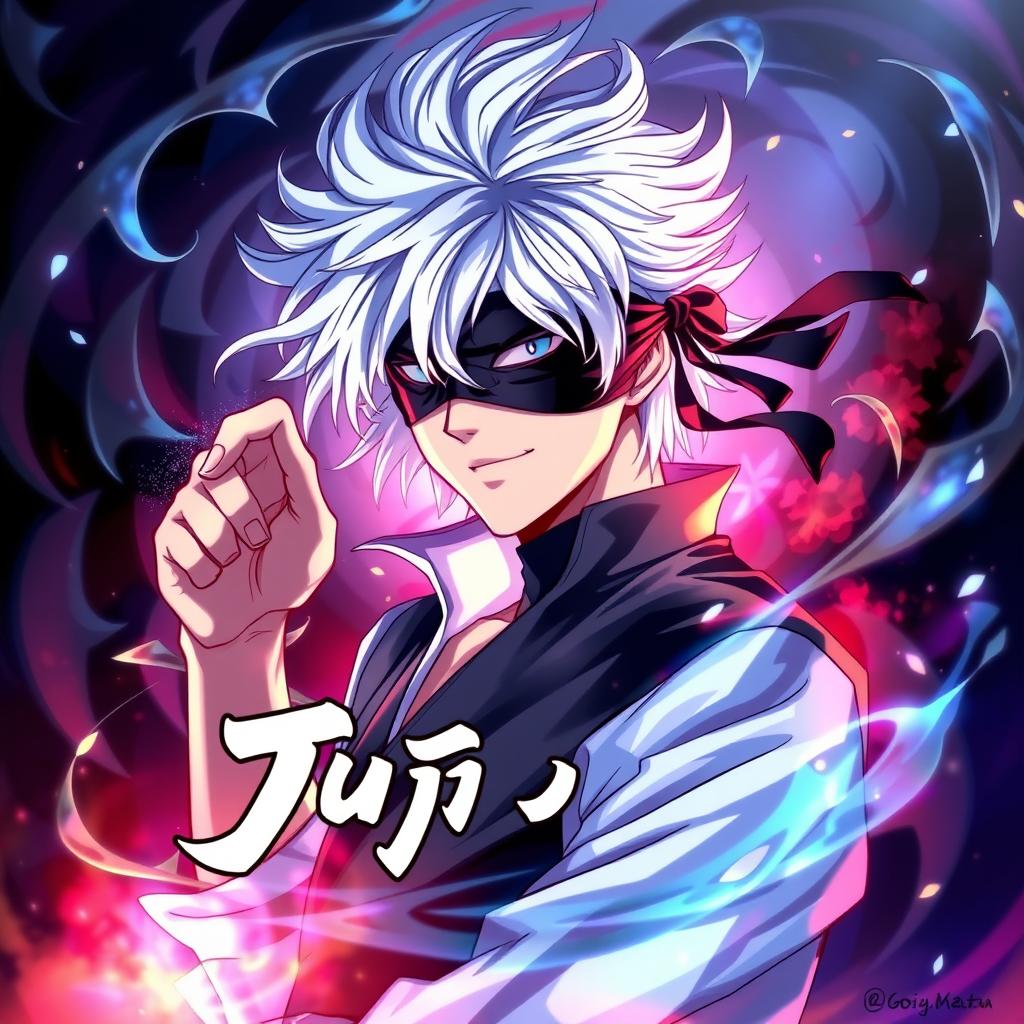 A vibrant and dynamic poster featuring Gojo Satoru from Jujutsu Kaisen, showcasing his signature white hair and stylish blindfold