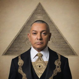 A member of the Illuminati, exuding pride and confidence, prominent Illuminati symbols like the pyramid and the all-seeing eye subtly incorporated in their attire.