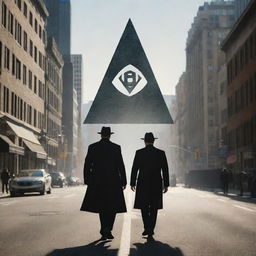 An Illuminati figure confidently strolling through a bustling cityscape, their shadow, with iconic Illuminati symbols, strategically cast on prominent city landmarks.