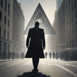 An Illuminati figure confidently strolling through a bustling cityscape, their shadow, with iconic Illuminati symbols, strategically cast on prominent city landmarks.