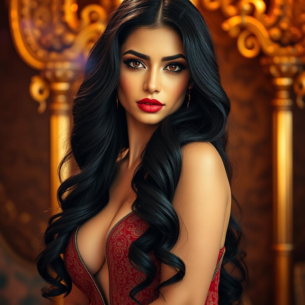 A stunning and alluring Persian woman with long, wavy black hair cascading down her back, featuring striking features and captivating dark brown eyes