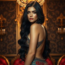 A stunning and alluring Persian woman with long, wavy black hair cascading down her back, featuring striking features and captivating dark brown eyes