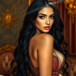 A stunning and alluring Persian woman with long, wavy black hair cascading down her back, featuring striking features and captivating dark brown eyes