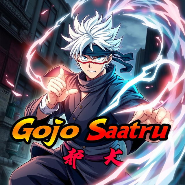 A dynamic poster featuring Gojo Satoru from Jujutsu Kaisen, showcasing his iconic white hair, blindfold, and confident expression