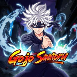 A dynamic poster featuring Gojo Satoru from Jujutsu Kaisen, showcasing his iconic white hair, blindfold, and confident expression