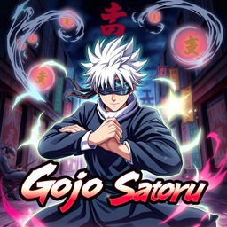 A dynamic poster featuring Gojo Satoru from Jujutsu Kaisen, showcasing his iconic white hair, blindfold, and confident expression