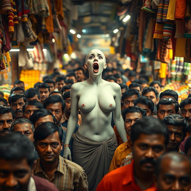 A terrified white female figure, showcasing her big breast cleavage, standing bottomless in the midst of a densely packed male crowd in a cheap Indian market