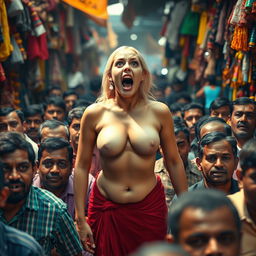 A terrified white female figure, showcasing her big breast cleavage, standing bottomless in the midst of a densely packed male crowd in a cheap Indian market