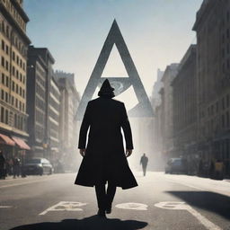 An Illuminati figure confidently strolling through a bustling cityscape, their shadow, with iconic Illuminati symbols, strategically cast on prominent city landmarks.