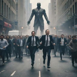 A dramatic scene of city dwellers filling the streets in panicked motion, running away in fear from the imposing figure of an Illuminati member, standing tall amidst the chaos.