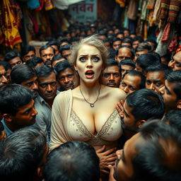 A terrified white female with large breasts and noticeable cleavage is surrounded by a very dense crowd of men in an Indian market