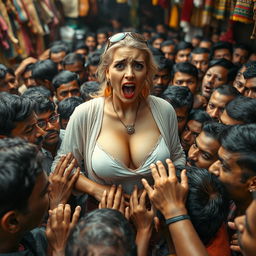 A terrified white female with large breasts and noticeable cleavage is surrounded by a very dense crowd of men in an Indian market