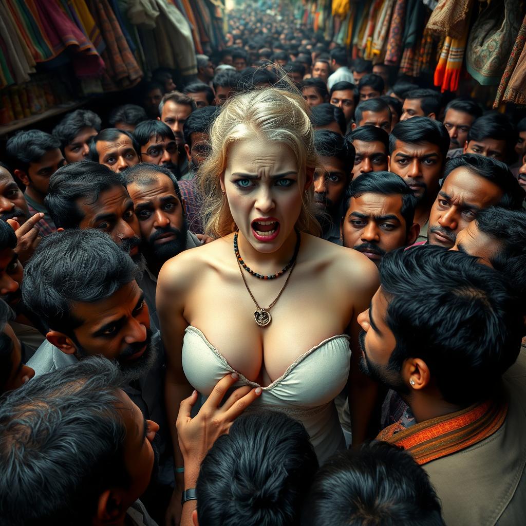 A terrified white female with large breasts and noticeable cleavage is surrounded by a very dense crowd of men in an Indian market