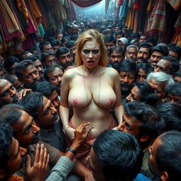 A terrified white female with large breasts and noticeable cleavage is surrounded by a very dense crowd of men in an Indian market
