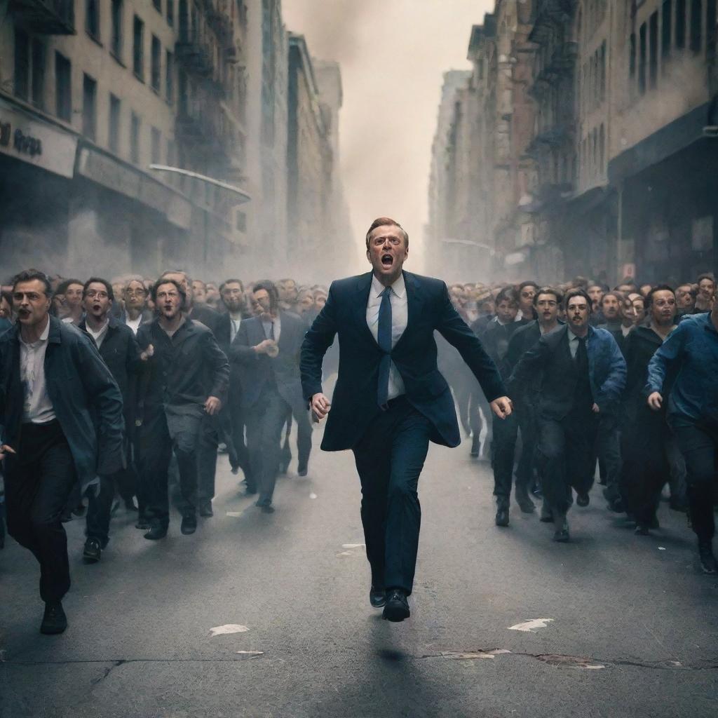 A dramatic scene of city dwellers filling the streets in panicked motion, running away in fear from the imposing figure of an Illuminati member, standing tall amidst the chaos.