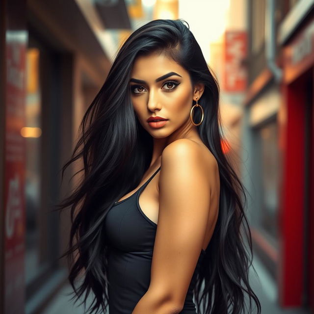 A beautiful and alluring modern Persian girl, with long, flowing black hair and mesmerizing hazel eyes, wearing a stylish and form-fitting outfit that accentuates her curves