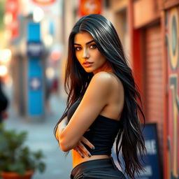 A beautiful and alluring modern Persian girl, with long, flowing black hair and mesmerizing hazel eyes, wearing a stylish and form-fitting outfit that accentuates her curves