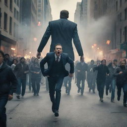 A dramatic scene of city dwellers filling the streets in panicked motion, running away in fear from the imposing figure of an Illuminati member, standing tall amidst the chaos.