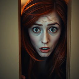 A scene featuring a confused and frightened red-haired woman peering through a slightly ajar door