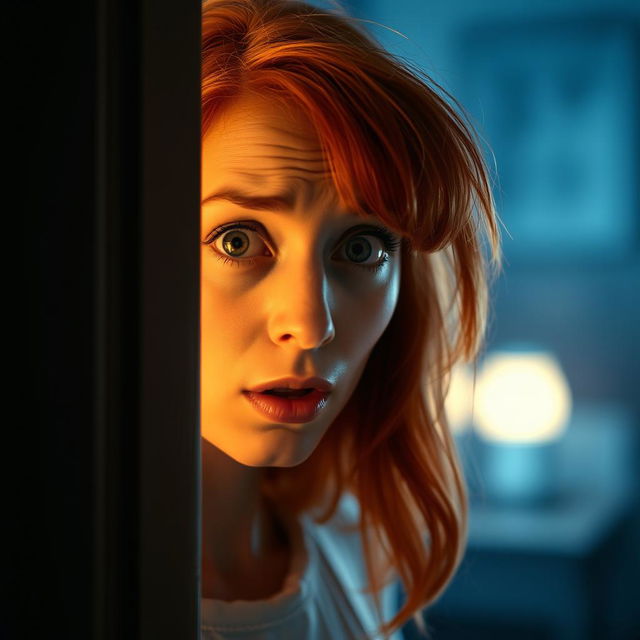 A scene featuring a confused and frightened red-haired woman peering through a slightly ajar door