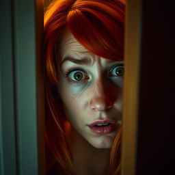 A scene featuring a confused and frightened red-haired woman peering through a slightly ajar door