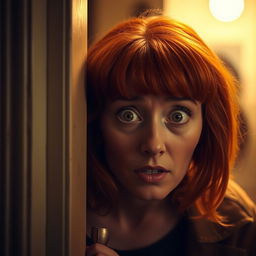 A scene featuring a confused and frightened red-haired woman peering through a slightly ajar door