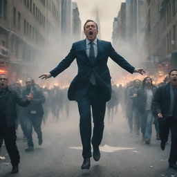 A dramatic scene of city dwellers filling the streets in panicked motion, running away in fear from the imposing figure of an Illuminati member, standing tall amidst the chaos.