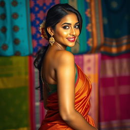 A stunning portrait of a beautiful Indian woman showcasing her graceful figure, wearing a traditional saree that accentuates her curves, standing elegantly against a vibrant background of Indian textiles