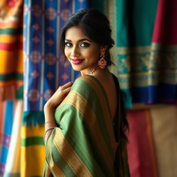 A stunning portrait of a beautiful Indian woman showcasing her graceful figure, wearing a traditional saree that accentuates her curves, standing elegantly against a vibrant background of Indian textiles