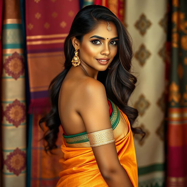 A stunning portrait of a beautiful Indian woman showcasing her graceful figure, wearing a traditional saree that accentuates her curves, standing elegantly against a vibrant background of Indian textiles