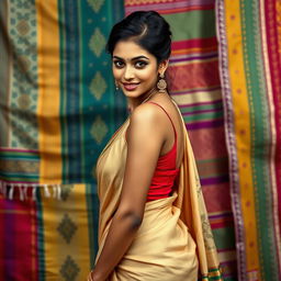 A stunning portrait of a beautiful Indian woman showcasing her graceful figure, wearing a traditional saree that accentuates her curves, standing elegantly against a vibrant background of Indian textiles