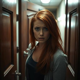 A beautiful red-haired woman standing in front of a slightly ajar door, her expression a mix of confusion and fear, as she peeks through the gap