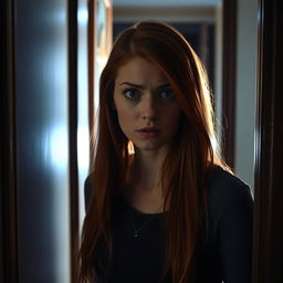 A beautiful red-haired woman standing in front of a slightly ajar door, her expression a mix of confusion and fear, as she peeks through the gap