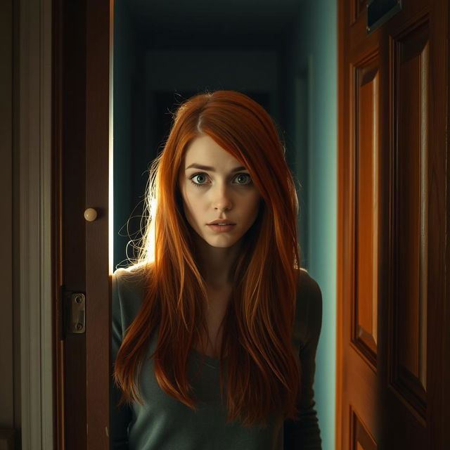 A beautiful red-haired woman standing in front of a slightly ajar door, her expression a mix of confusion and fear, as she peeks through the gap