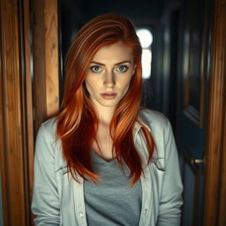 A beautiful red-haired woman standing in front of a slightly ajar door, her expression a mix of confusion and fear, as she peeks through the gap