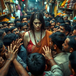 A sad white female with a curvy figure is surrounded by a very dense crowd of men in a busy Indian market