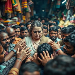 A sad white female with a curvy figure is surrounded by a very dense crowd of men in a busy Indian market