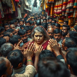 A sad white female with a curvy figure is surrounded by a very dense crowd of men in a busy Indian market