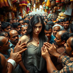 A sad white female with a curvy figure is surrounded by a very dense crowd of men in a busy Indian market