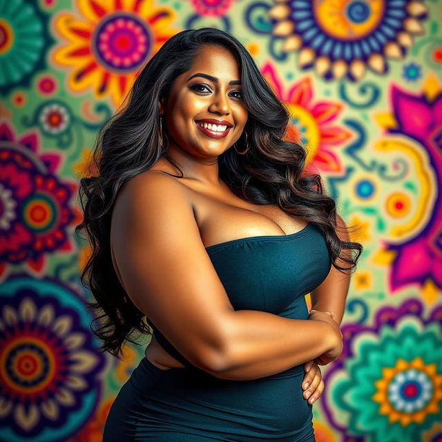 A captivating portrait of a voluptuous Indian woman embracing her curves, dressed in a stylish, form-fitting outfit that highlights her figure