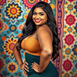 A captivating portrait of a voluptuous Indian woman embracing her curves, dressed in a stylish, form-fitting outfit that highlights her figure